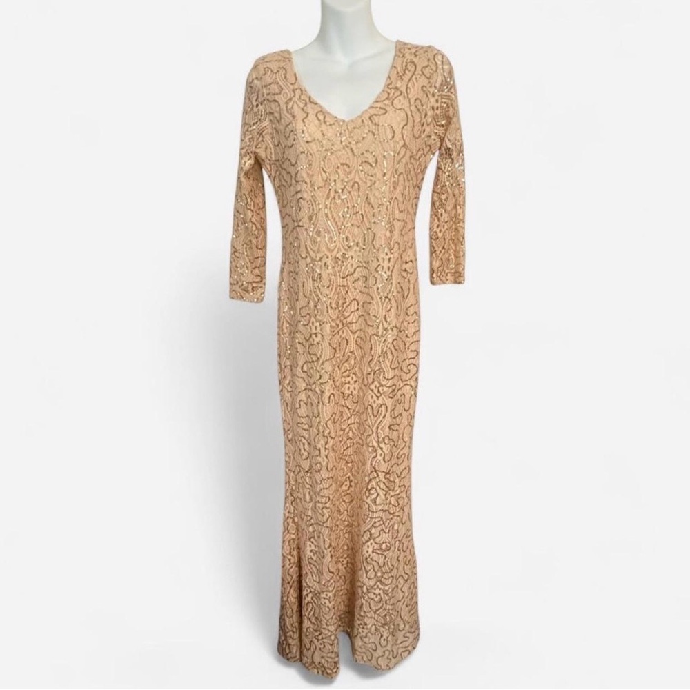 Marina Elegant Sequin 3/4 Sleeve V-Neck Evening Dress in Nude, Size 6